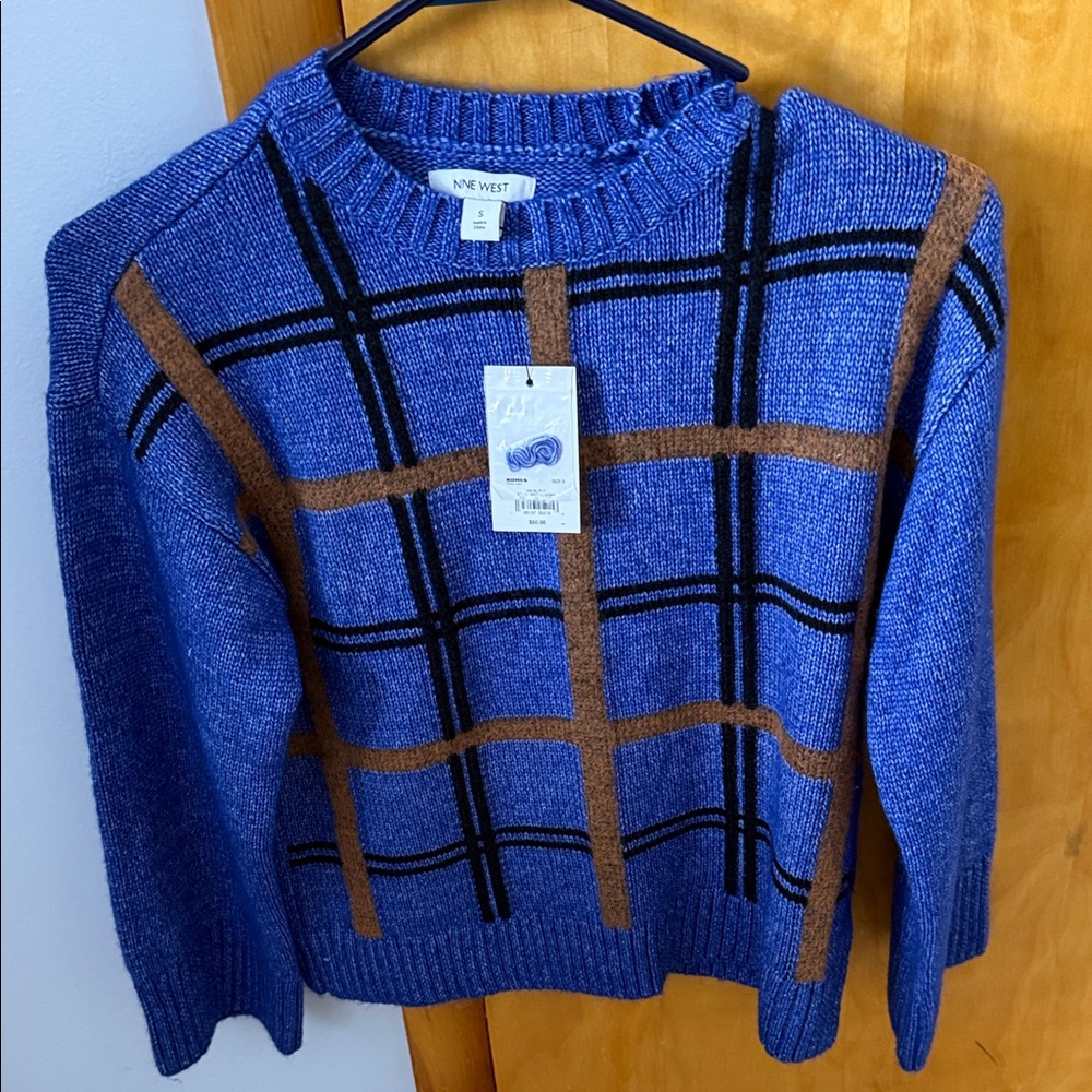 NWT Nine West Blue and Brown Plaid Sweater